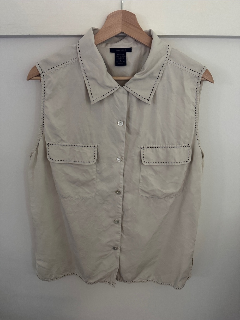SilkLand 100% Silk Sleeveless Button Front Blouse Ivory Contrast Stitch Size L
